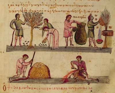 Ms Grec 479 Munka a szántóföldön, illusztráció Oppian Cynegetica című könyvéből (tempera pergamen) alkotó: Italian School