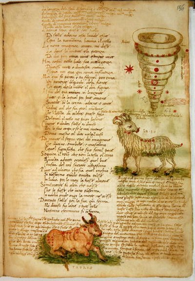 Ms Ital 483 P.4.7 f.156v Kos és Bika, a „Dittamondo”-ból, Fazio degli Uberti (vellum) alkotó: Italian School