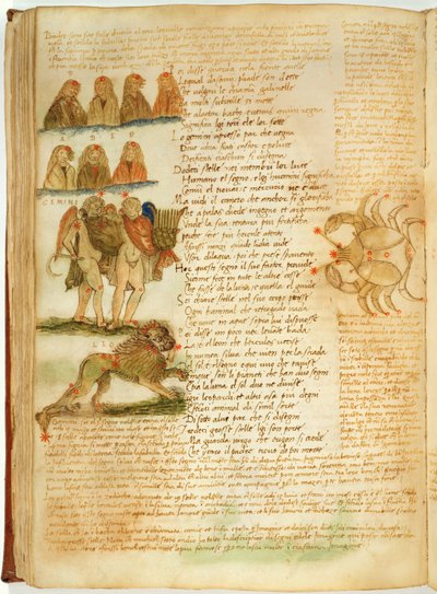 Ms Ital 483 P.4.7 f.156v Ikrek, Oroszlán és Rák, Fazio degli Uberti (vellum) „Dittamondójából” alkotó: Italian School