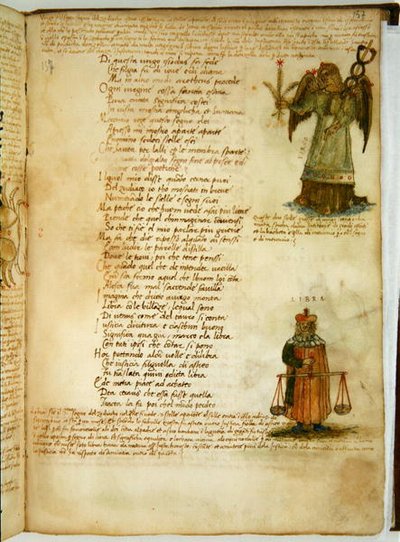 Ms Ital 483 P.4.7 f.157r Virgo and Libra, a „Dittamondo”-ból, Fazio degli Uberti (vellum) alkotó: Italian School