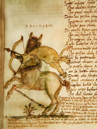 Ms Ital 483 P.4.7 f.157v Sagittarius, a „Dittamondo”-ból, Fazio degli Uberti (vellum) alkotó: Italian School