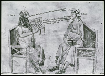 Ms Lat 6823 fol.2 Averroes (1126-98) Beszélgetésben Porphyryvel (c.232-c.305) (toll és tinta, valamint papírra mosás) alkotó: Italian School