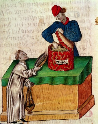Ms Lat 993 fol.104r Tömjénárus, Dioscorides „Tractatus de Herbis”-től (vellum) alkotó: Italian School