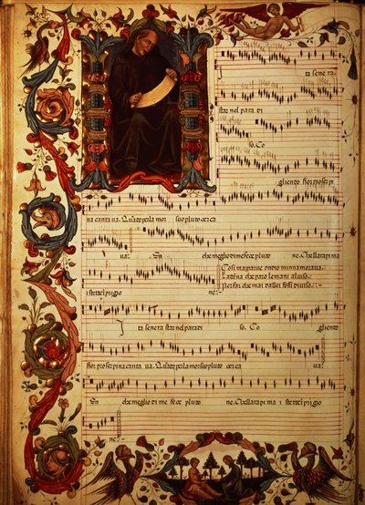 Ms Med. Haver. 87 Kottalap oldal történetírással, a Squarcialupi-kódexből, a firenzei S. Maria degli Angeli kolostorban készült (vellum) alkotó: Italian School