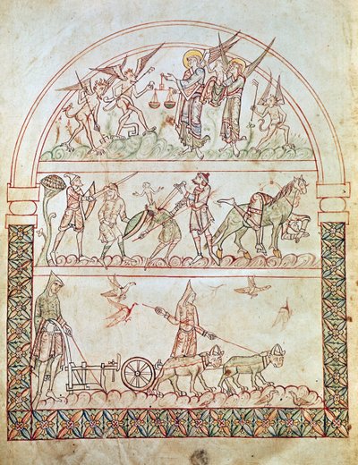 Ms. Plut. 12.17, c. 1b, A földi város az emberiség nehézségeivel és szerencsétlenségeivel és egy lélek ítéletével, Szent Ágoston Isten városából, 11-12. alkotó: Italian School