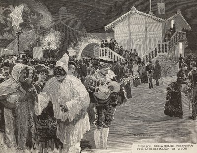 Zenei kioszk, ahol pénzt gyűjtenek vakok számára, Pulcinella maszk, karnevál Nápolyban, Olaszország, metszet Matania rajzából, Gamberoni metszet a L