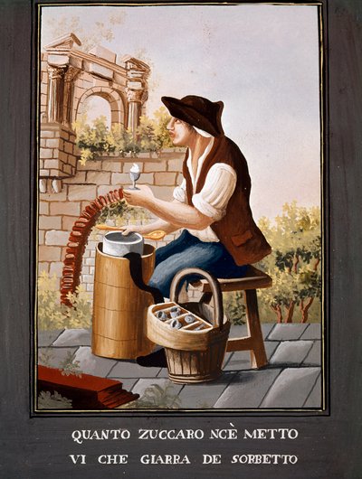 Nápolyi kiséttermek: a sorbet-árus - (Régi szakma: a fagylaltárus) 19. századi akvarell - Nápolyi Museo Nazionale di San Martino alkotó: Italian School