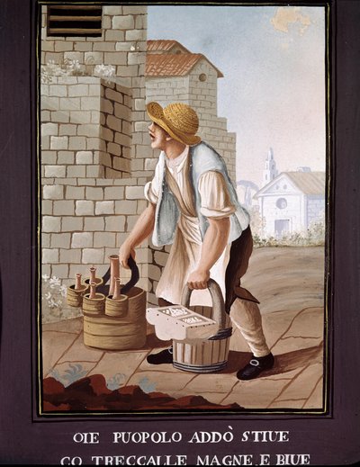 Nápolyi kiséttermek: élelmiszerek utazó árusa (élelmiszer) - (Régi kereskedelem: vándor élelmiszerbolt) 19. századi akvarell - Nápolyi Museo Nazionale di San Martino alkotó: Italian School