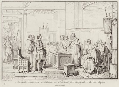 Nersete a Tribunes segítségét kéri csapatai szállításához, 552 (metszet) alkotó: Italian School
