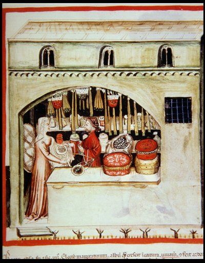 Nova 2644 f.46r Rizs értékesítése, a Tacuinum Sanitatis Code Vindobonensis-től alkotó: Italian School