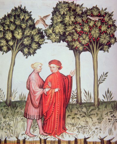 Nova 2644 fol.102v Két barát együtt sétálni, a Tacuinum Sanitatis Codex Vindobonensis-től (vellum) alkotó: Italian School