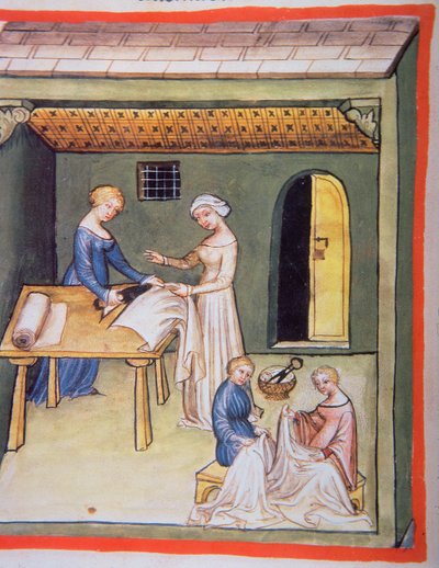 Nova 2644 fol.105v The Tailors Shop: Vászonruhák, a Tacuinum Sanitatistól alkotó: Italian School
