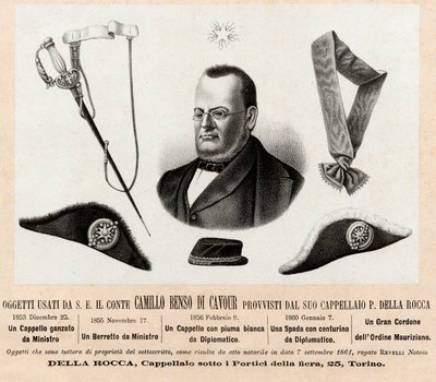 Camillo Benso conte di Cavour (1810-1861) által használt tárgyak - politikai és diplomáciai funkcióinak kalapjai és jelvényei, a Szent Mauritius és Szent Lázár Lovagrend nagy zsinórjával (Ordine dei Santi Maurizio e Lazzaro) - Metszet 19. század alkotó: Italian School