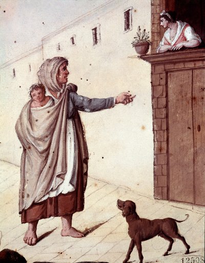 Régi nápolyi szokások: koldus és gyermeke Nápoly utcáin - (Régi nápolyi mesterségek: koldus) 19. századi akvarell - Nápoly Museo Nazionale di San Martino alkotó: Italian School