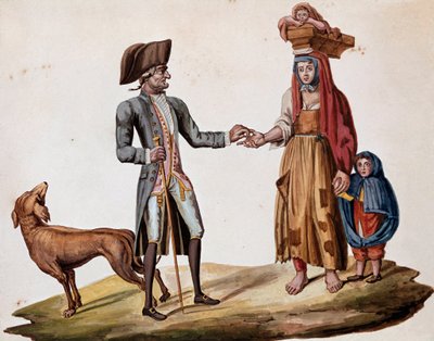 Régi nápolyi metiers: egy nemes érmét ad egy tenyérjósnak - (Régi nápolyi kereskedések: gazdag ember pénzt ad egy szegény mesemondónak) 19. századi akvarell - Nápolyi Museo Nazionale di San Martino alkotó: Italian School