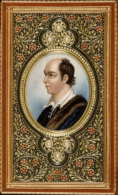 Oliver Goldsmith ovális miniatűr portréja, aranyozott, három gyöngyöt tartalmazó szárnyas levélke keretezve, 1831 alkotó: Italian School