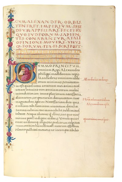 PSEUDO-ARISTOTLE, Secreta secretorum; "MARDOCHEUS IUDEUS", Epistola ad Alexandrum de cognitione veri dei; ADAM DE MONTALDO (fl. 1450-1495 körül), Divinitus prolata iudicia sive premonita; Quedam alia summatim posita iudicia, Róma, 1490 körül (tinta és szín alkotó: Italian School