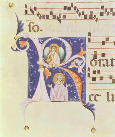 P 23 V Történeti „R” kezdőbetű, amely egy angyalt és egy női szentet ábrázol (vellum) alkotó: Italian School