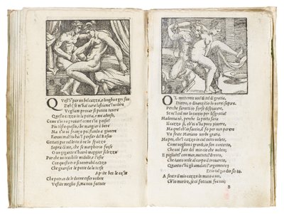 Oldal a Pietro Aretino "Sonetti Lussuriosi"-ból, Giulio Romano illusztrálta és Marcantonio Raimondi metszet, Velence, 1527 körül alkotó: Italian School