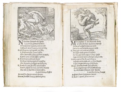 Oldal a Pietro Aretino "Sonetti Lussuriosi"-ból, Giulio Romano illusztrálta és Marcantonio Raimondi metszet, Velence, 1527 körül alkotó: Italian School