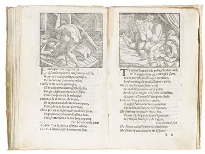 Oldal a Pietro Aretino "Sonetti Lussuriosi"-ból, Giulio Romano illusztrálta és Marcantonio Raimondi metszet, Velence, 1527 körül alkotó: Italian School