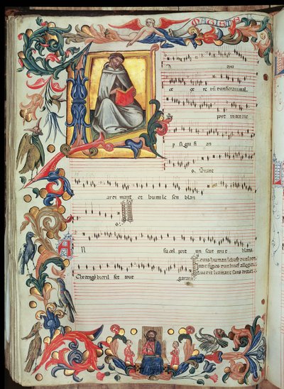 A S. Maria degli Angeli (vellum) firenzei kolostorban készült Squarcialupi-kódexből származó, történetírásos kezdőbetűs kottafüzet oldala alkotó: Italian School