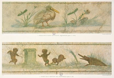 A krokodilok elől menekülő pelikánok, vízi növények és törpék az eredeti freskók után, G. Bendinelli Images du Colombier de la Villa Pamphilj című művéből, 1941 alkotó: Italian School