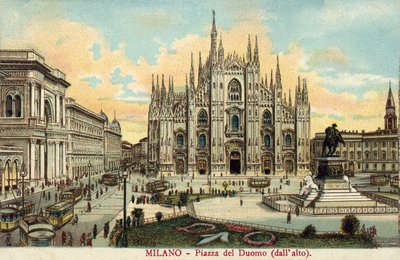 Piazza del Duomo, Milánó (színes litográfia) alkotó: Italian School