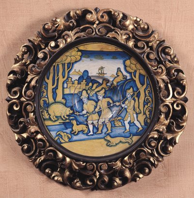 Vadászjelenettel díszített tányér, Deruta Műhely, 1540-45 körül (maiolica) alkotó: Italian School