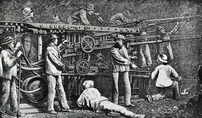 Pneumatikus kőzetfúrógép, amelyet Giovanni Battista Piatti készített, és Germano Sommeiller (1815-1871) tökéletesítette, Olaszország gravírozásával alkotó: Italian School