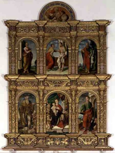 Poliptichon, amely a Madonnát és a Gyermeket mutatja a szentekkel (olaj a táblán) alkotó: Italian School