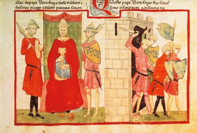 VIII. Bonifác pápa Anagniban és Sciarra Colonna (Giacomo Colonna) kiűzése a városból, miniatűr Giovanni Villani krónikájából, kézirat Chigi L VIII 296 folio 176 recto, Olaszország 14. század. alkotó: Italian School