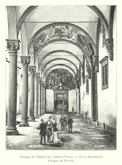 A Foundling Kórház portikusa, Brunelleschi, Poccetti freskói (metszet) alkotó: Italian School