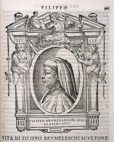 Filippo Brunelleschi (1377-1446) portréja a Vasaris Lifes of the Artists-ből, először 1550 alkotó: Italian School