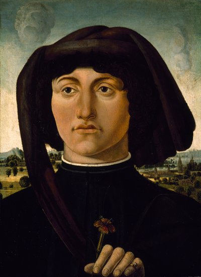 Rózsaszín virágos fiatalember portréja, 1475-85 körül (tempera fán) alkotó: Italian School