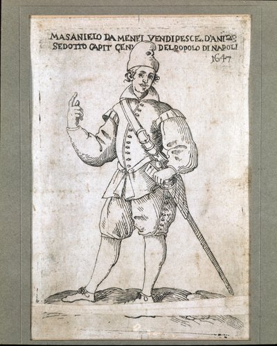 A nápolyi halász és forradalmár Masaniello (1623-1647) portréja (Masaniello nápolyi halász és a Habsburg uralom elleni lázadás vezetőjének 1647-es nápolyi portréja) Metszet a 17. századi Museo Nazionale di San Martino Nápolyról alkotó: Italian School