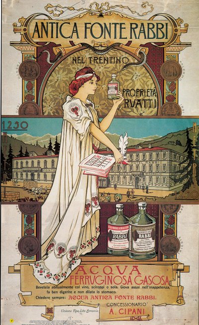 A trentinoi Antica Fonte di Rabbi gyógyvizét reklámozó plakát alkotó: Italian School