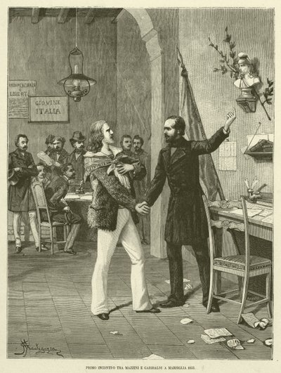 Mazzini és Garibaldi első találkozása Marseille-ben 1833 (metszet) alkotó: Italian School