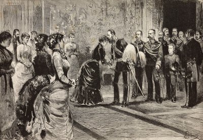 Margherita királynő és I. Umberto átvették Németország koronahercegségét (a leendő III. Frigyes) Quirinale-ban, Rómában, Olaszországban, metszet Dante Paolocci rajzából, a L