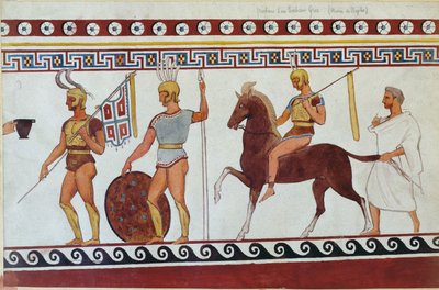 Paestumi sírfestmény rekonstrukciója, amely görög gyalogosokat és lovasokat ábrázol (lásd még: 186246, 119488 és 444298) alkotó: Italian School