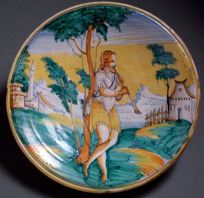 Reneszánsz művészet: egy furulyás tányérdekore (A fuvolajátékos) - 16. század vége Viterbo gyártása (Viterbo), Olaszország Firenze, Museo Nazionale del Bargello alkotó: Italian School