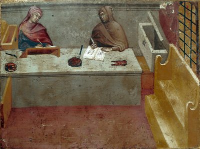 Camerlingvist ábrázolása, egy másoló asszisztense Névtelen festmény egy Biccherna fára (Siena város számviteli nyilvántartásának borítója) 1388. Siena Archivio di Stato, Olaszország alkotó: Italian School