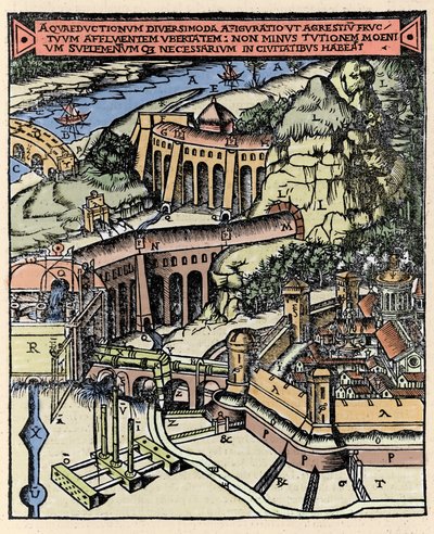 Vízvezeték ábrázolása. Színes metszet Vitruva „De Architectura” című művéből (Kr. e. 1. század) – Gottardo da Ponte kiadása, Come alkotó: Italian School