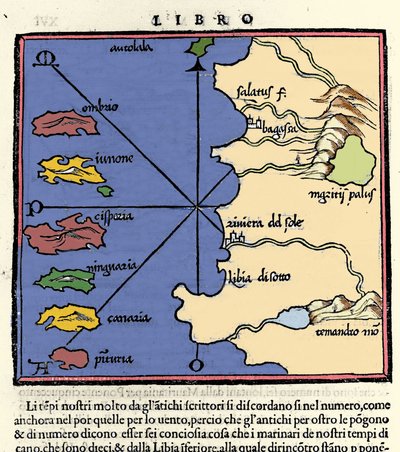 A Kanári-szigetek képviselete. Isolario (szigetek térképe), készítette: Benedetto Bordone. Velence 1547 alkotó: Italian School
