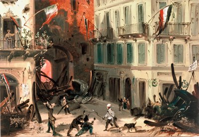 1848-as forradalmak, Milánó öt napja: Barikádok a Pusterla Beatrice kapu közelében március 22-én (festmény alkotó: Italian School