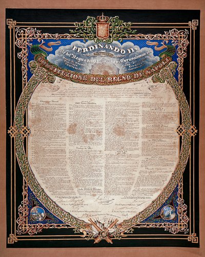 Risorgimento: II. Ferdinánd, a két szicíliai király (1810-1859) által 1847-ben kihirdetett alkotmány. Nápoly, Museo Nazionale di San Martino Olaszország alkotó: Italian School