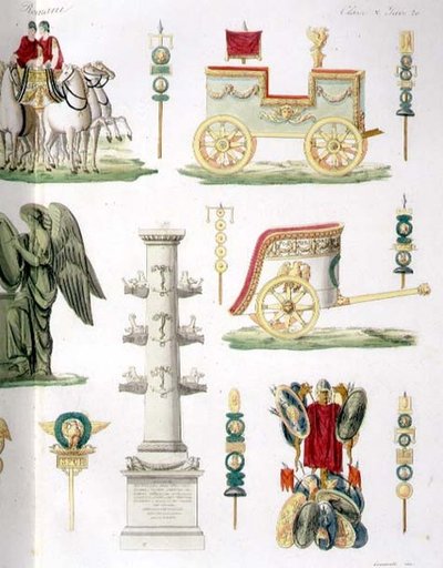 Római szekerek, trófeák és katonai emlékművek, részlet a 20. tábla 5. osztályából, a "The History of the Nations" I. részéből, Marco Comirato (1800-69 körül) metszete (akvatinta) (lásd még 93290). alkotó: Italian School