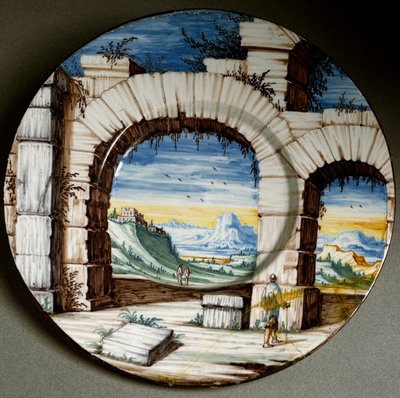 Rom és táj. Az olaszországi Angarano-ban gyártott kerámia lemez. 1650 körül Firenze, Bargello Nemzeti Múzeum alkotó: Italian School