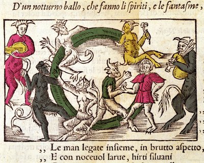 Szombati szertartás boszorkányokkal. Olaus Magnus (1490 - 1557) svéd vallás- és földrajztudós metszete, „Historia de Gentis Septentrionalibus”, Velence alkotó: Italian School