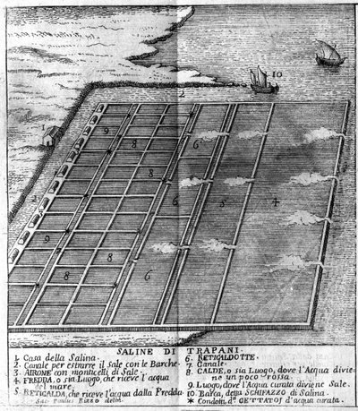 Sós mocsár Trapaniban. Arcangelo Leanti, Palermo 1761-ben készült "" Jelen Szicília államból" - illusztrált tábla alkotó: Italian School